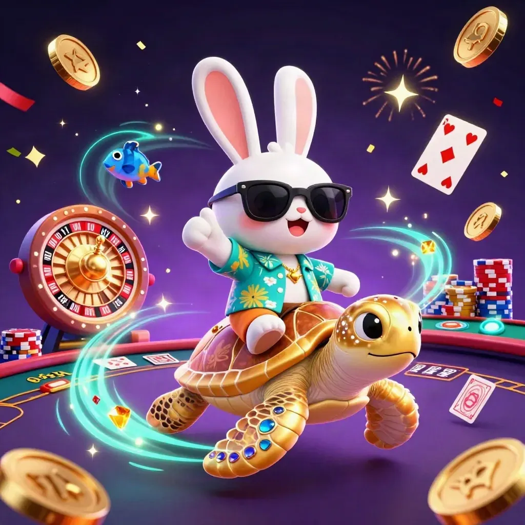 Lucky rabbit on golden turtle amid coins, roulette wheel, cards, chips, fireworks in a dark neon casino burst.