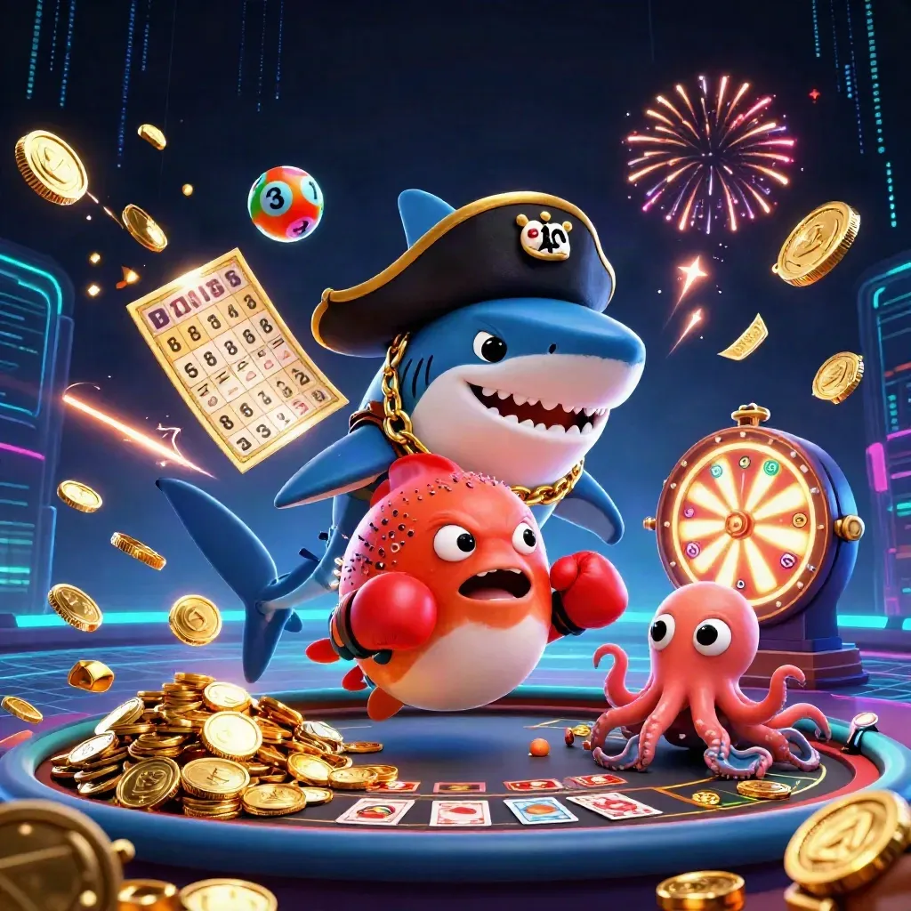 Shark pirate, boxing pufferfish, and coin-juggling octopus amid casino treasure burst