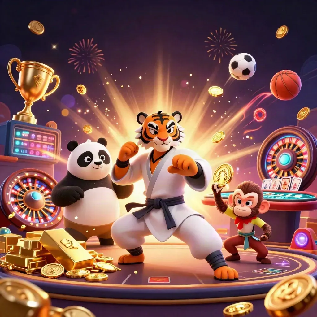 Kung-fu tiger, panda, and monkey amid casino gold, sports balls, roulette, cards, and fireworks.
