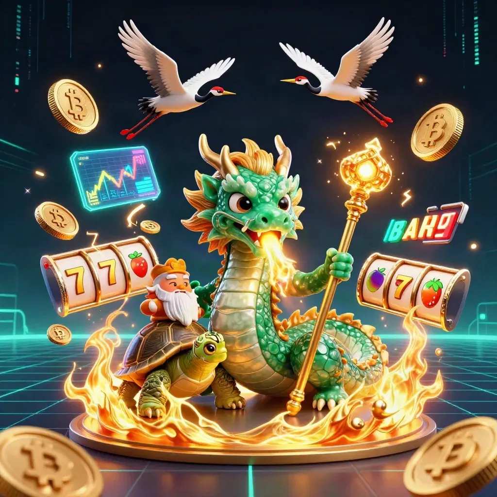 Emerald dragon, turtle sage and cranes amid casino energy on a dark neon grid.