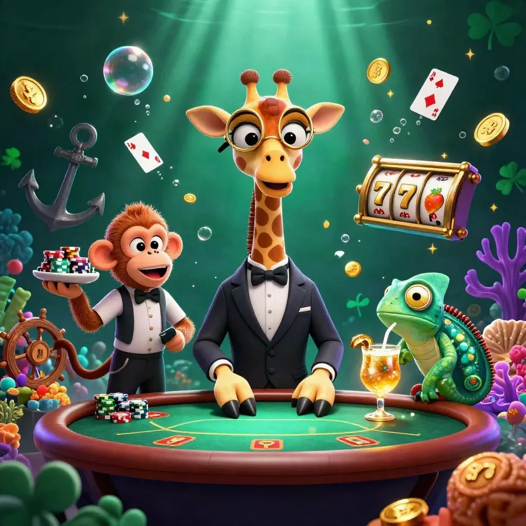 Giraffe, monkey and chameleon in a neon underwater casino with gold coins and slots