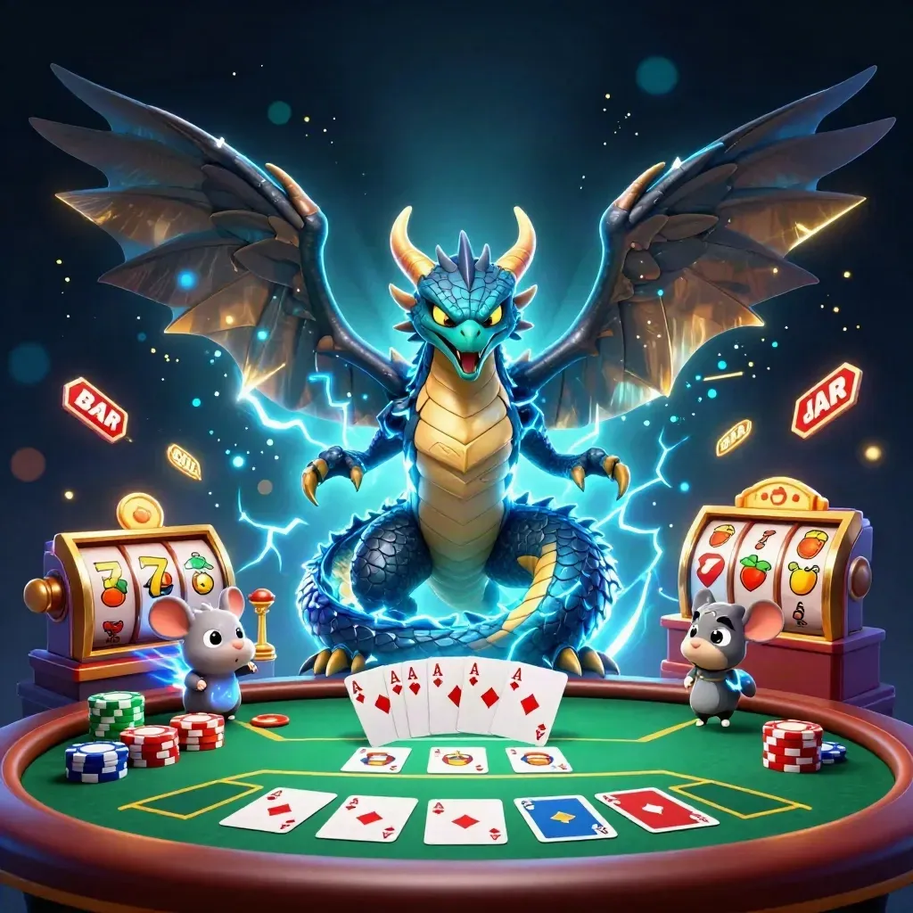 Thunder dragon, glowing hawk, and static mouse amid casino chips and reels in neon teal.
