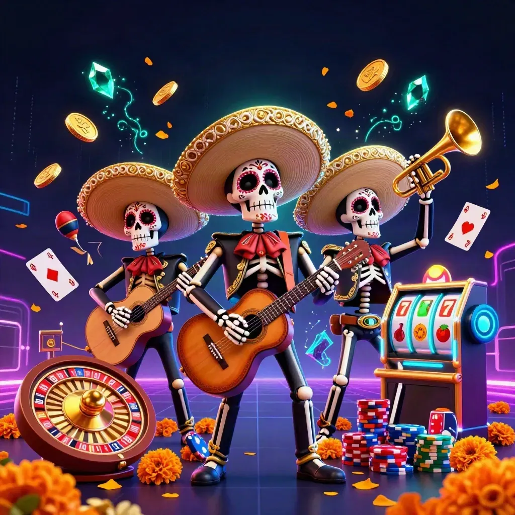 Three festive skeleton mariachi heroes amid coins, cards, chips, roulette, and neon casino effects.