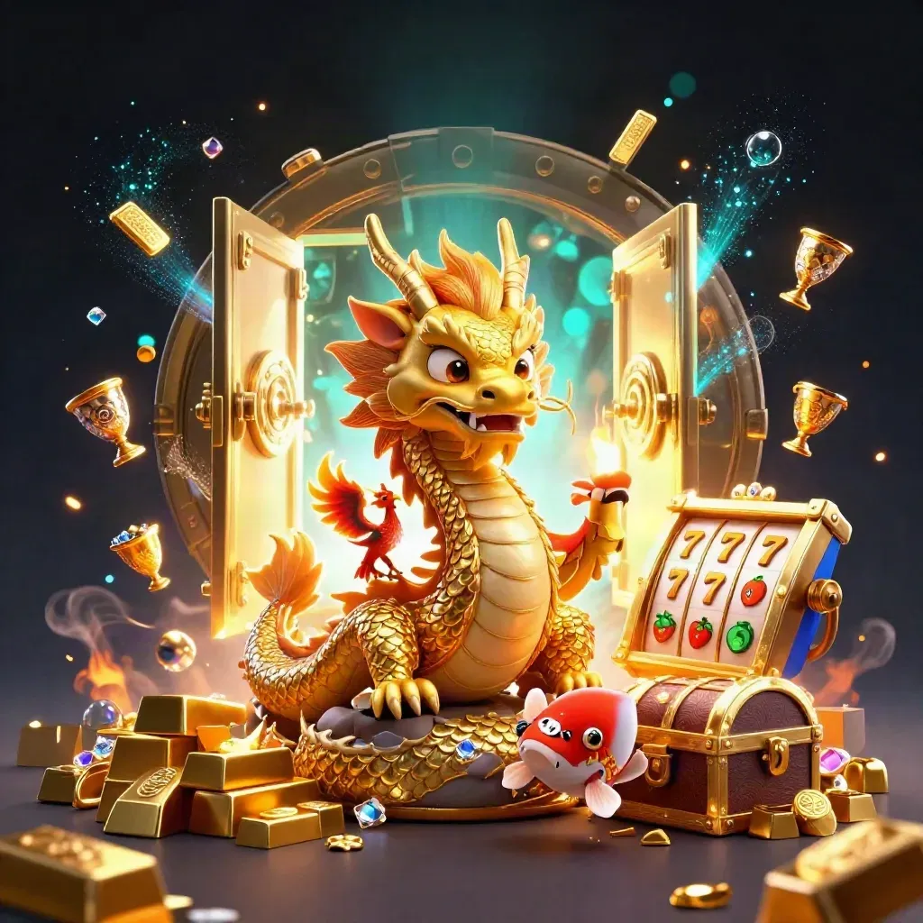 Golden dragon with phoenix and koi amid vault door, gold bars, gems and teal sparks.