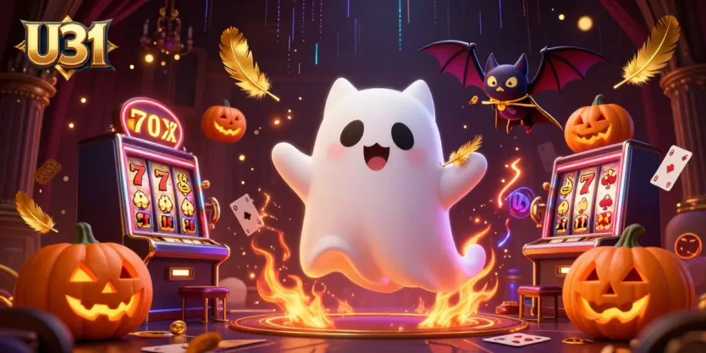 Experience thrilling gameplay with U31 featuring a ghost cat and a bat in a spooky casino setting.