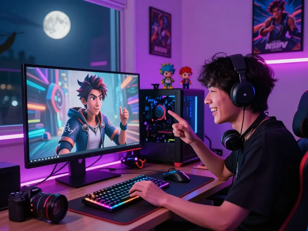 Engaging NSFW AI character interaction scene in a vibrant gaming setup with dramatic lighting.