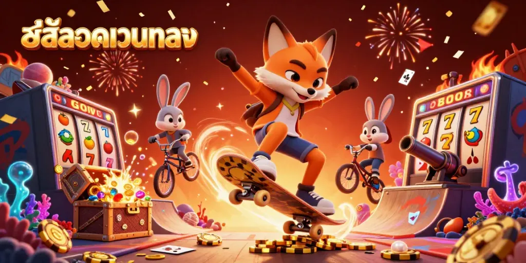 Experience the thrill of สล็อตเว็บตรง with a vibrant scene featuring animated characters and casino elements.
