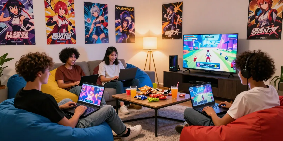 Friends enjoying gay ecchi games in a cozy living room filled with colorful gaming art and snacks.