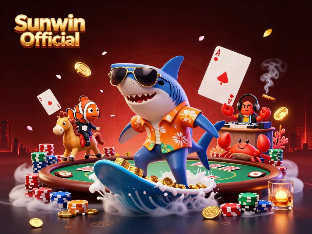 Experience the excitement of Sunwin Official with a vibrant 3D scene of characters surfing on gold coins amidst a lively casino atmosphere.
