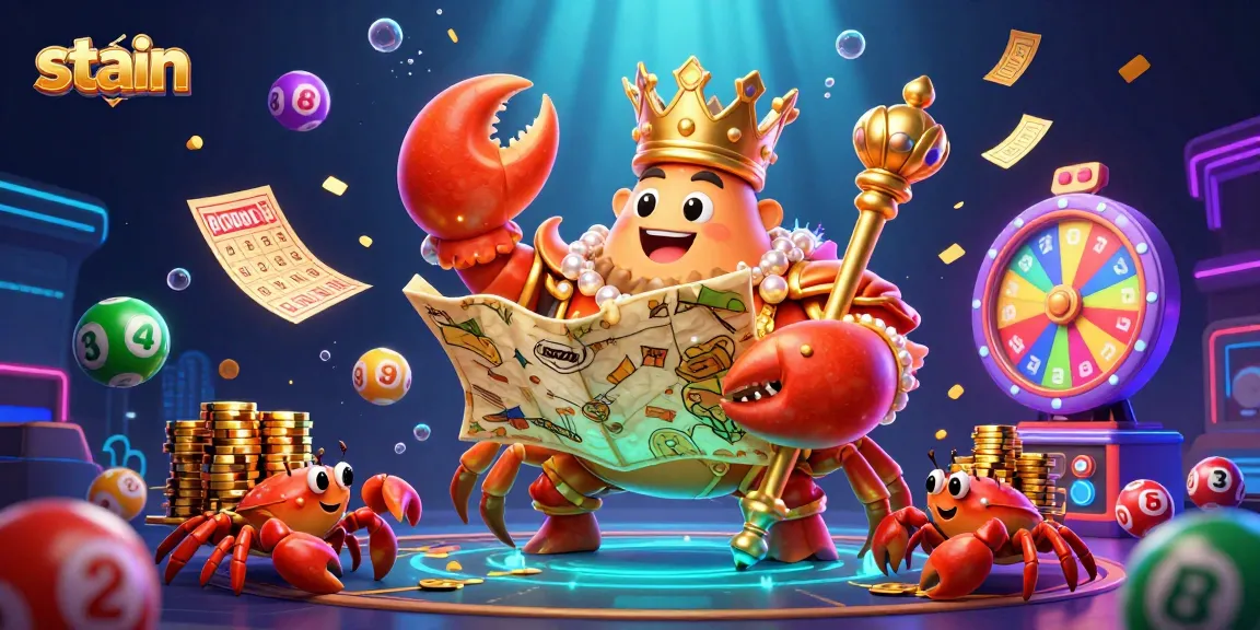 Stain-themed gambling scene featuring a golden crab emperor and vibrant lottery elements.