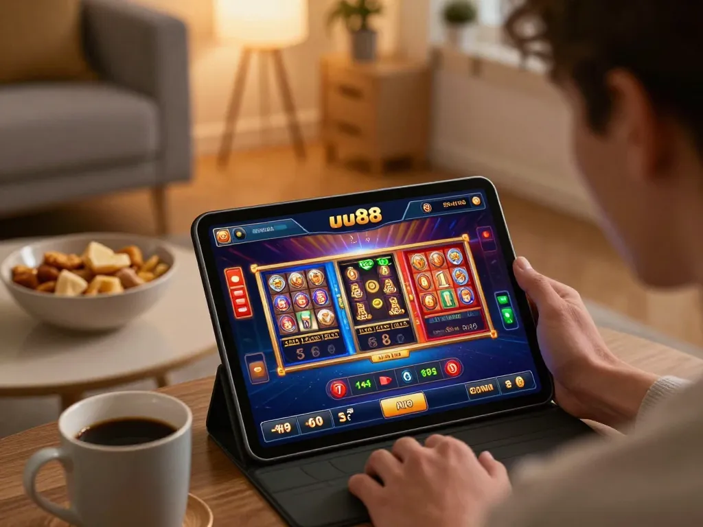 uu88 player engaged with a live dealer game on a tablet in a cozy home setting.
