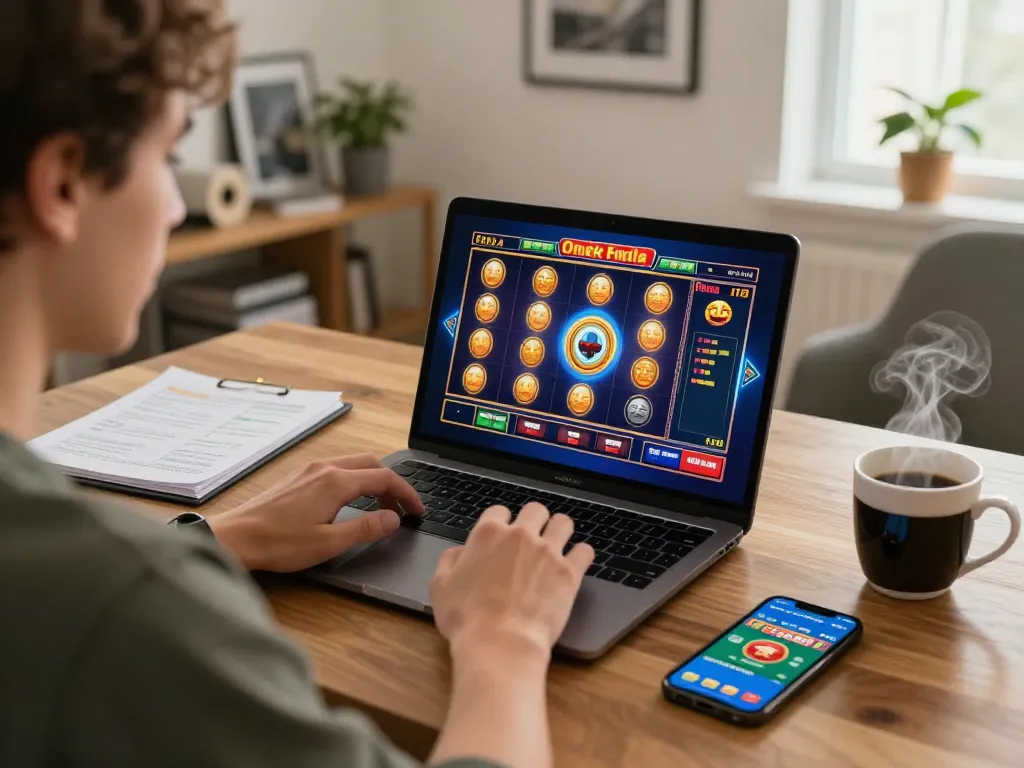 iWin player engaging with exciting slots on laptop in cozy home gaming setup