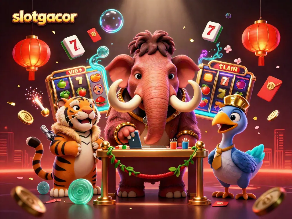 Slotgacor menunjukkan bouncer mamut yang memeriksa kartu ID di pintu kasino dengan simbol slot berkilauan.