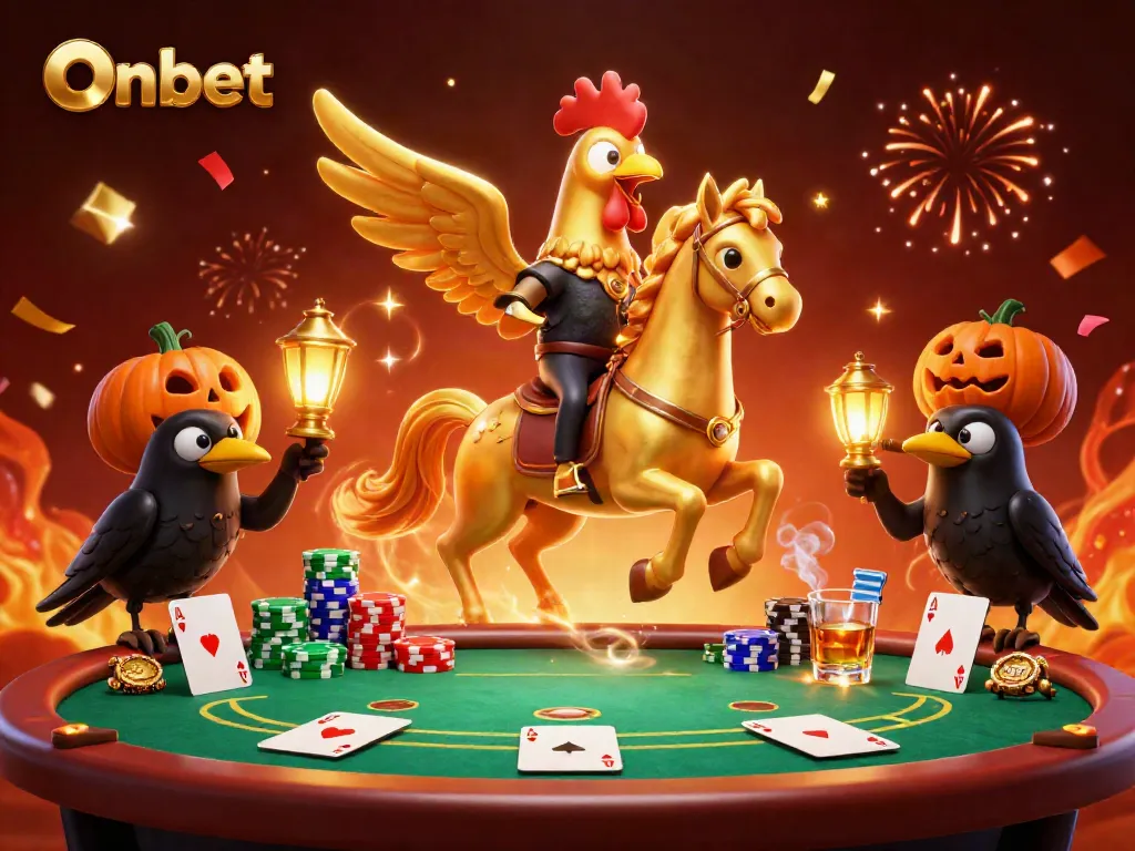 Win big with Onbet in a vibrant casino scene, packed with poker elements and dynamic characters.