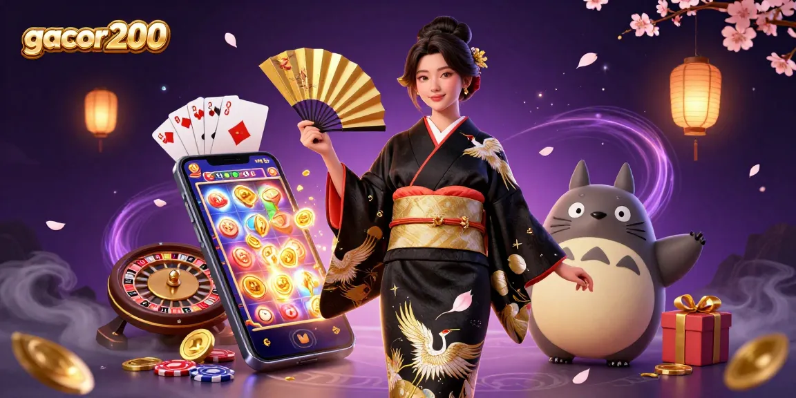 Engage in thrilling gameplay with gacor200, featuring an Asian woman in kimono and vibrant casino elements.