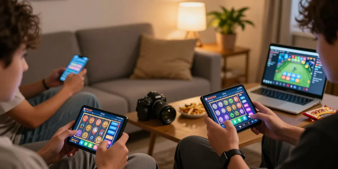 Players engaging with Slot7000 on mobile devices in a cozy gaming environment.