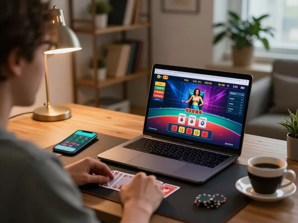 Player engaging in situs slot gaming on a laptop at home, showcasing vibrant live dealer interface.