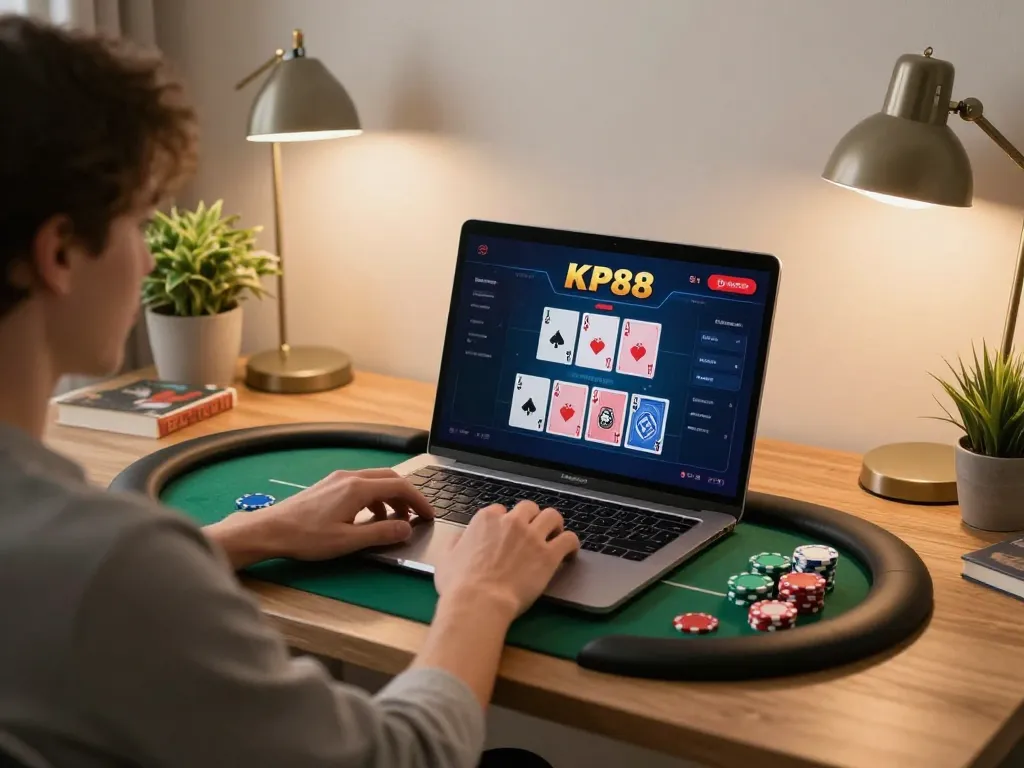 KP88 players engaging in online poker from comfortable home setting, laptop screen visible.