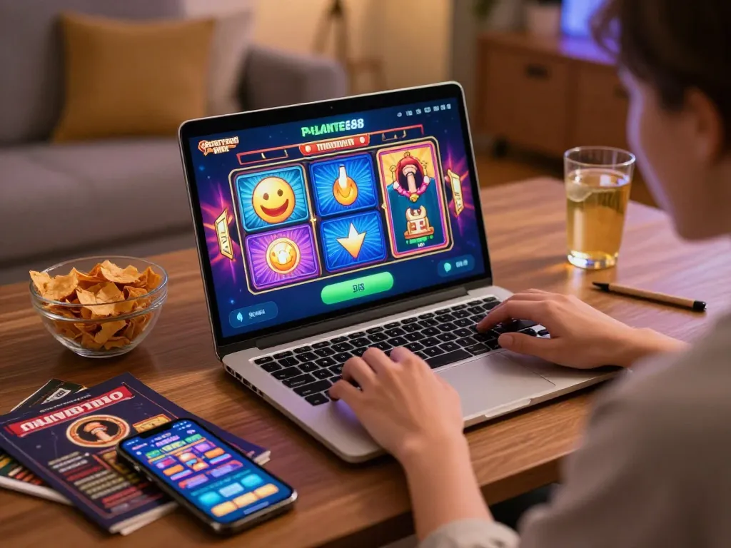 Player engaged in exciting online slots gameplay on PLANET88 from the comfort of home