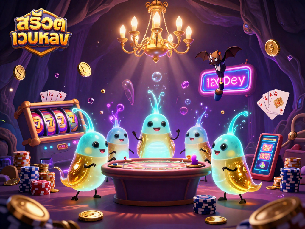 Play exciting สล็อตเว็บตรง games with vibrant glowworms lighting up a dynamic casino scene.