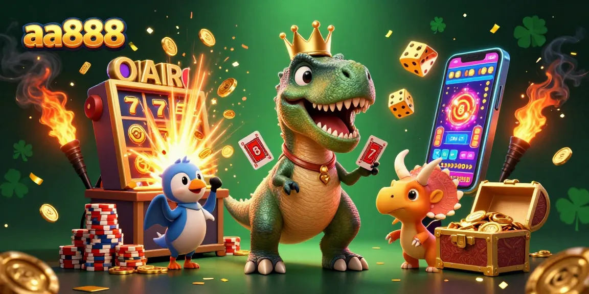 Engage with aa888's thrilling gaming world as a T-Rex tries to shuffle cards and win big.