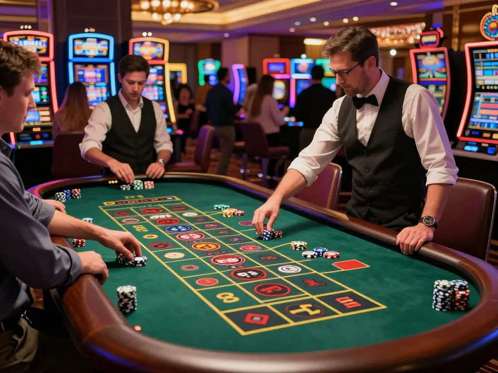 Experience the excitement of KO66 at a bustling roulette table with players engaged in lively wagers.
