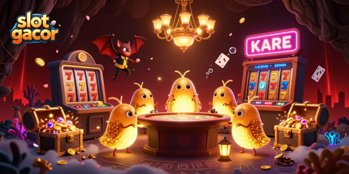 Pemain slot gacor menang dalam kasino bawah laut penuh harta karun dan lampu neon.