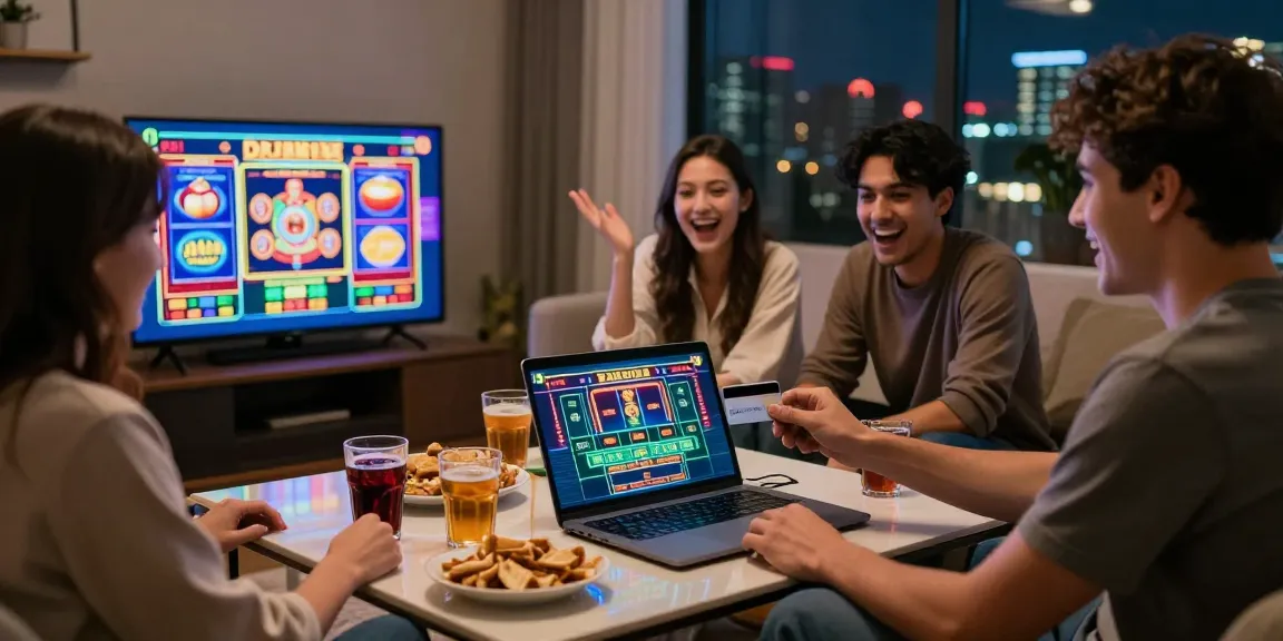 Friends enjoying online gaming at a credit card casino at dea.org.uk, with vibrant games and a lively atmosphere.