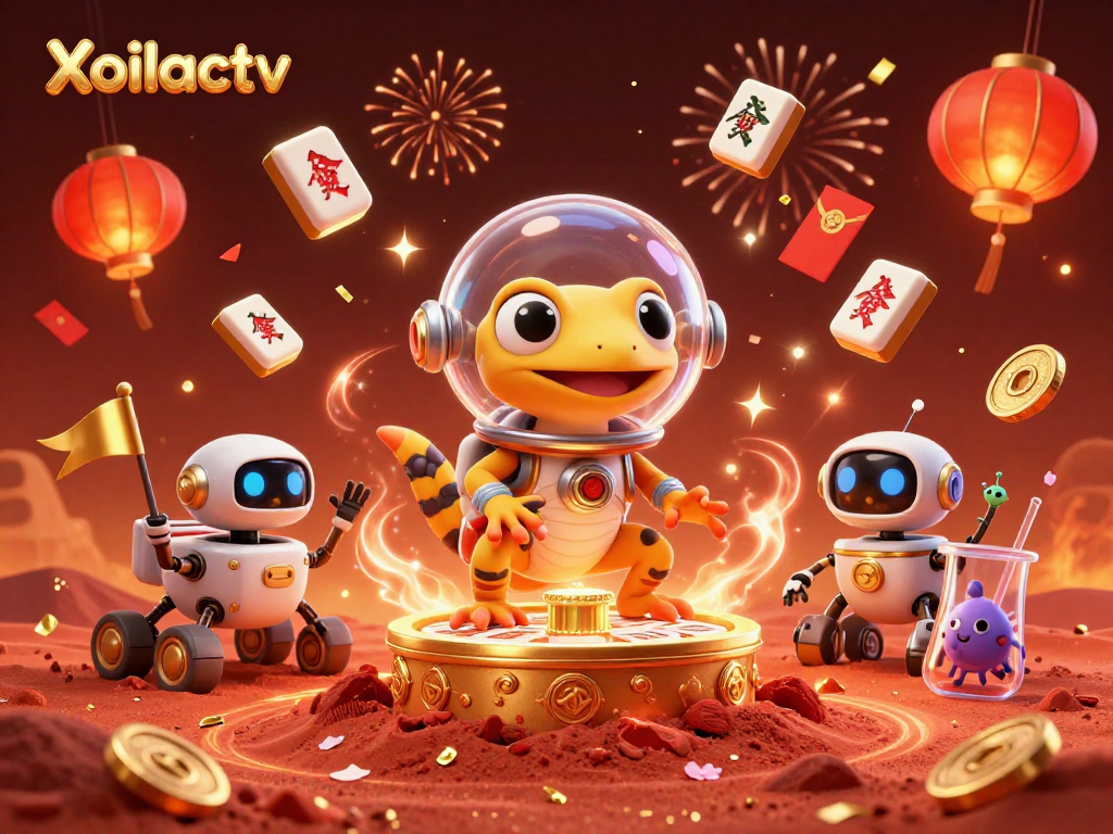 Xoilactv showcases a Martian gecko discovering a casino with vibrant casino elements and celebratory fireworks.