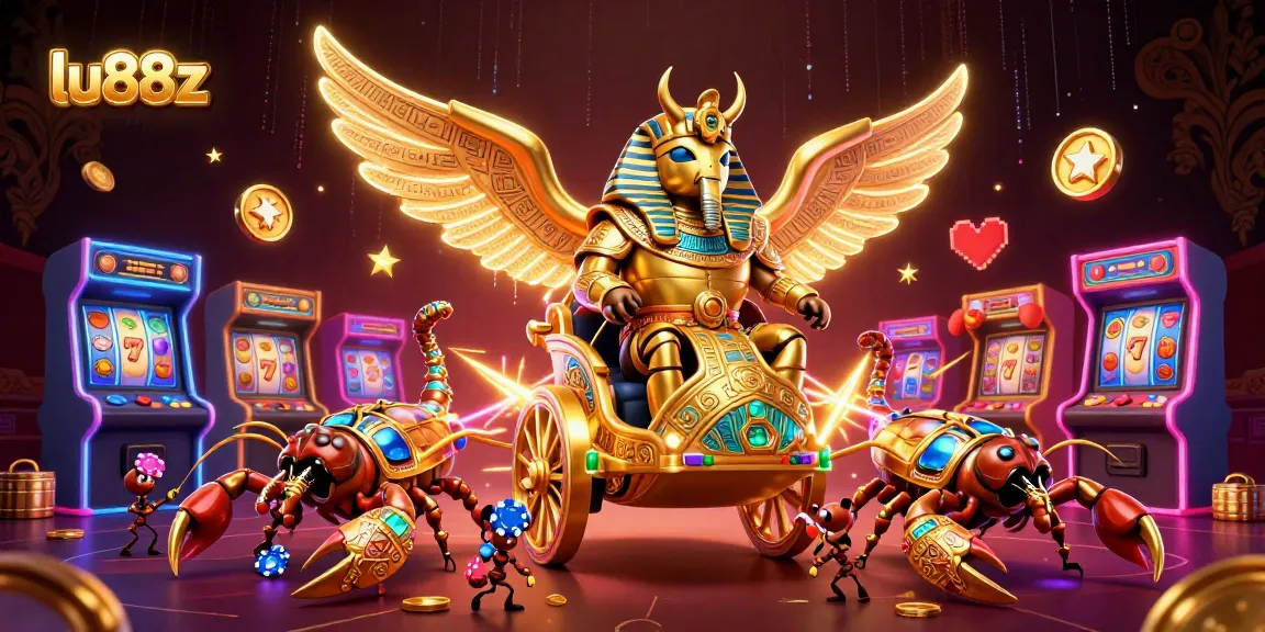 lu88z spins the reels with a colossal golden scarab beetle and vibrant slots all around.