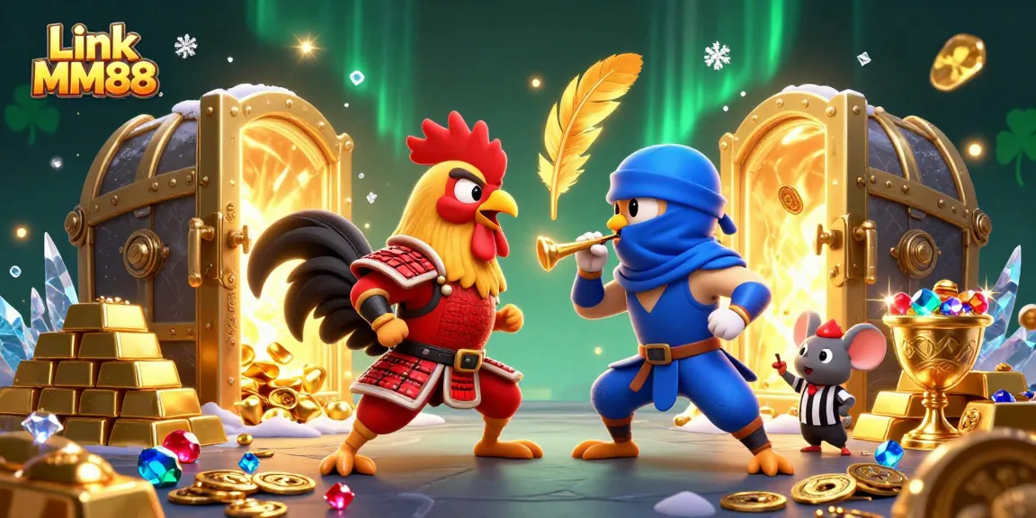 Experience excitement with Link MM88 featuring dynamic roosters and golden treasures in a vibrant casino scene.