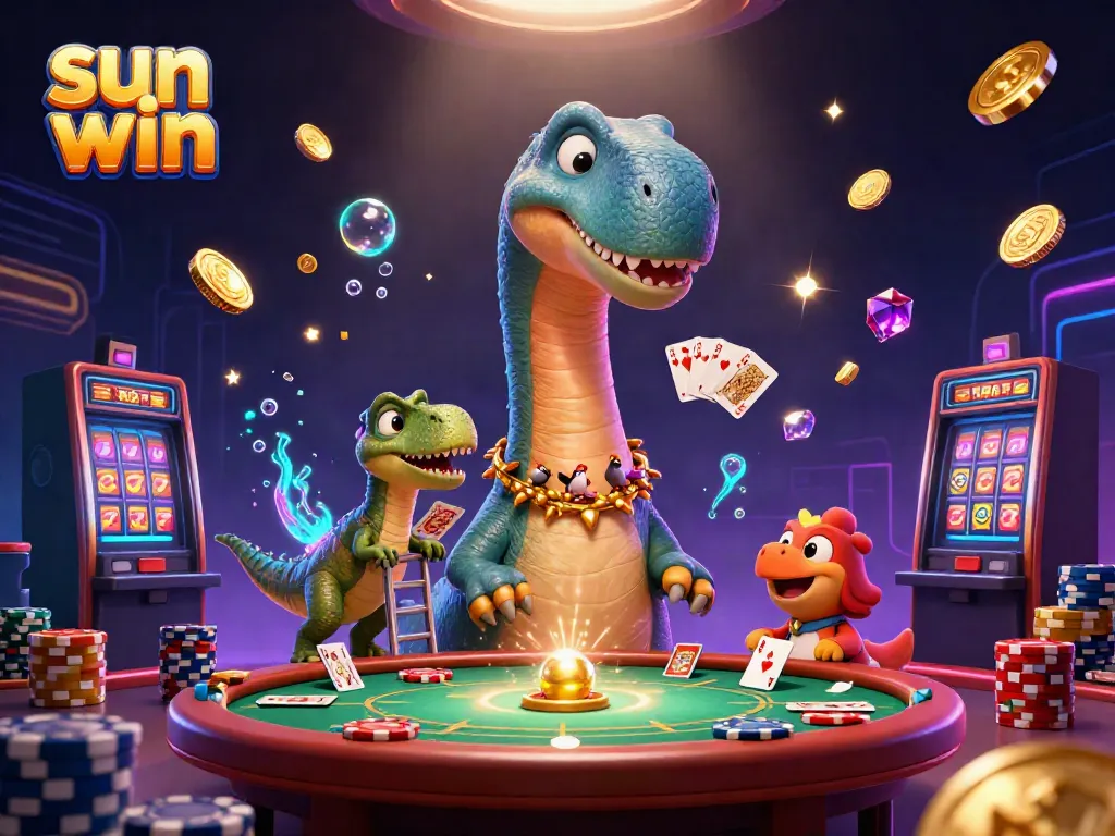 Engage in excitement with sun win through a thrilling 3D casino scene featuring vibrant characters and game elements.