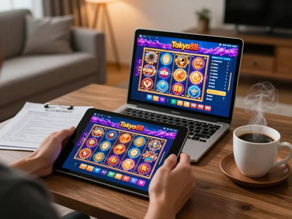 Berinteraksi dengan tokyo88 melalui tablet di pengaturan permainan rumah yang nyaman, menampilkan slot dinamis dan strategi.