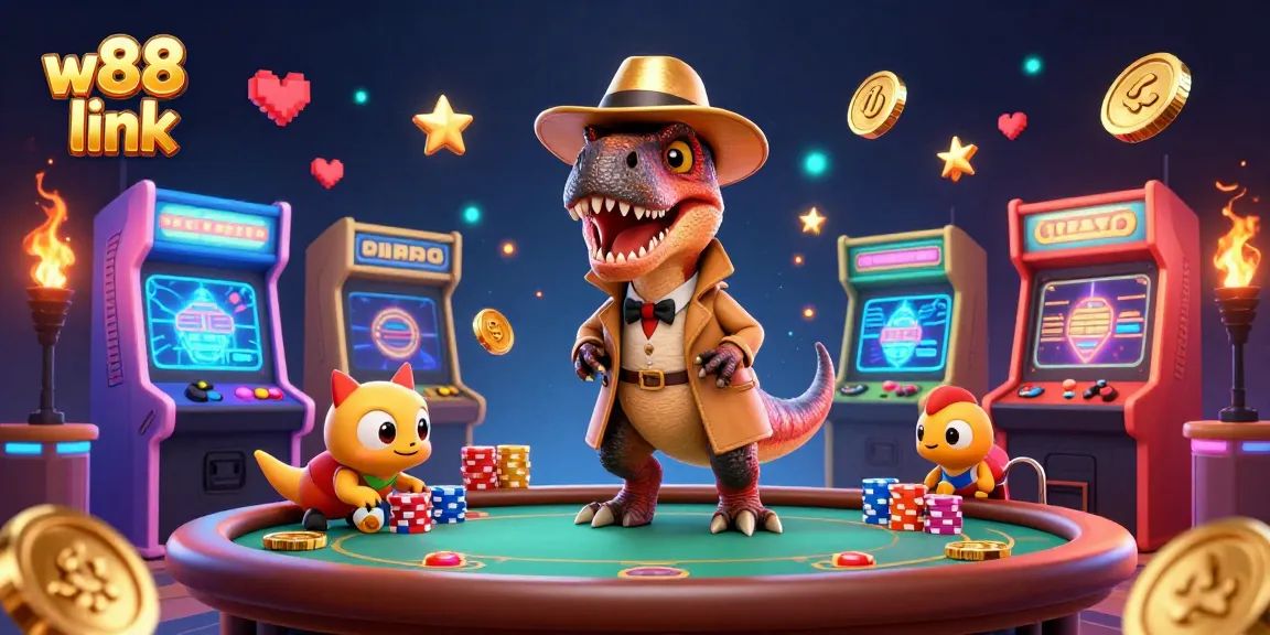 Engage with the w88 link for thrilling poker action illustrated by a velociraptor card counter and playful elements.