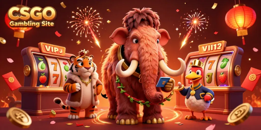 Engage with the vibrant CSGO Gambling Site scene featuring a woolly mammoth bouncer and a saber-tooth tiger VIP.