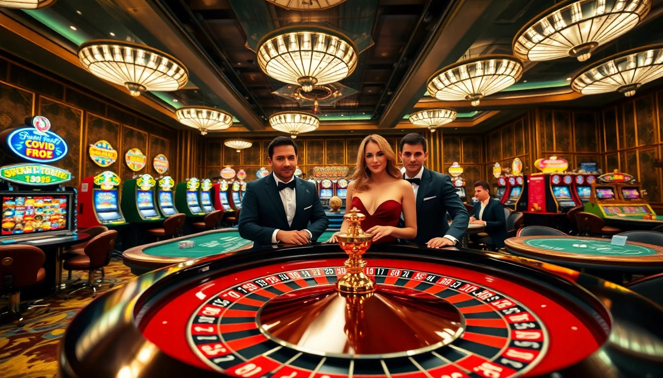 Landaktoto menunjukkan pemain kasino yang bersemangat di meja roulette yang mewah.