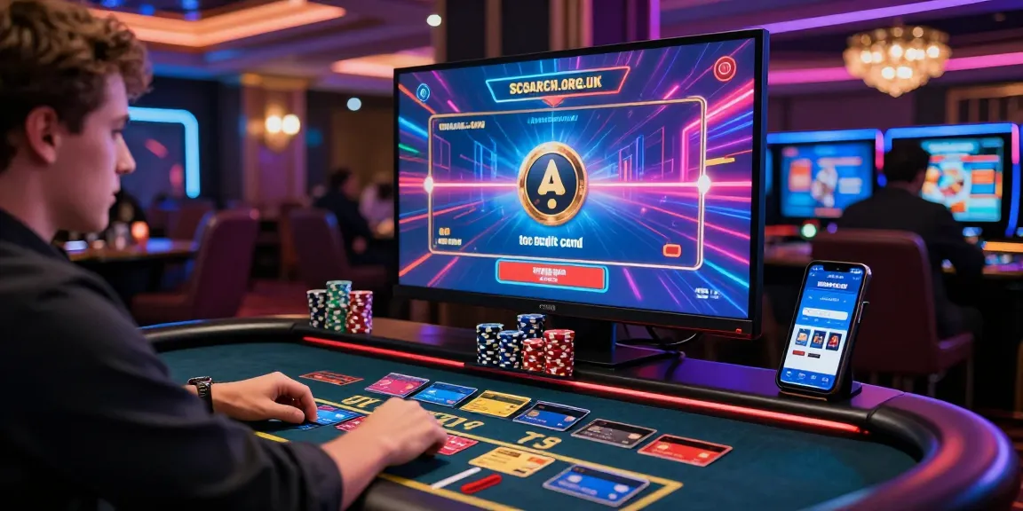 scoarch.org.uk highlights the best credit card casinos with a player enjoying online gaming, credit cards, and vibrant casino ambiance.