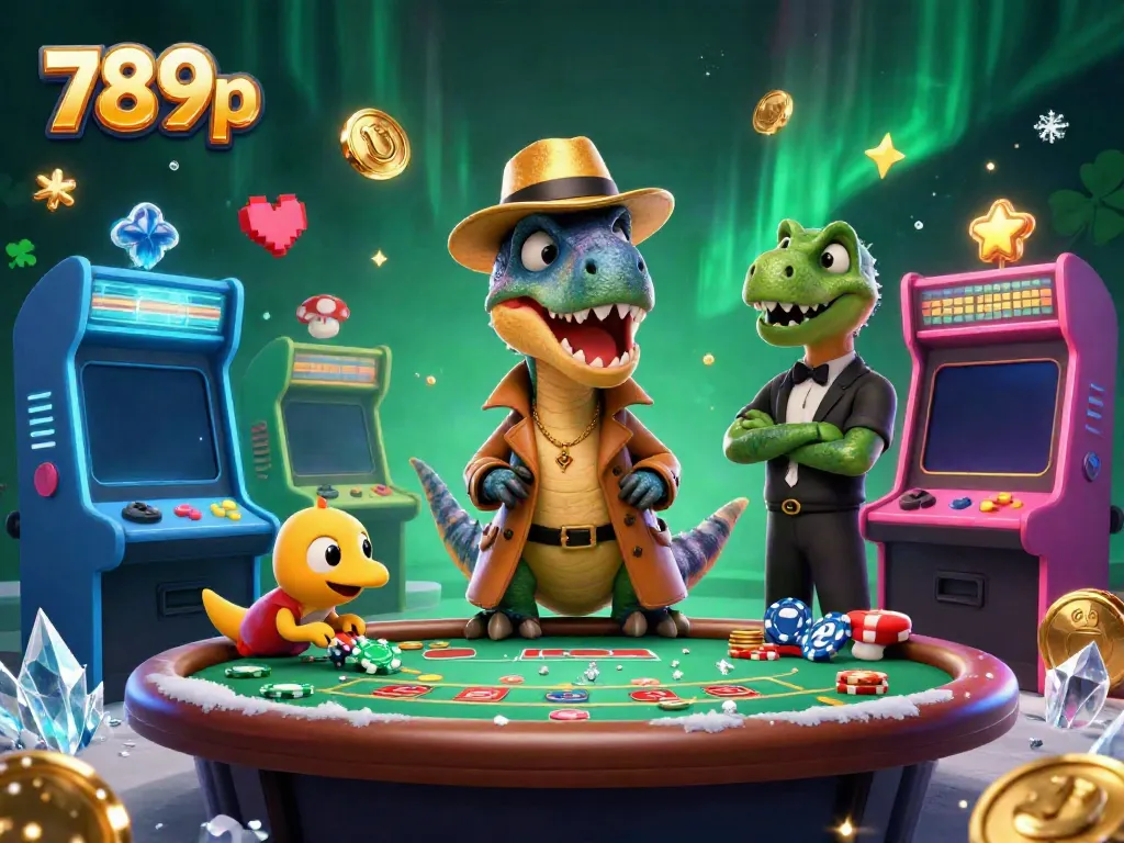 Engage in gameplay at 789p with a velociraptor card counter, stegosaurus pit boss, and compy thief at a blackjack table.