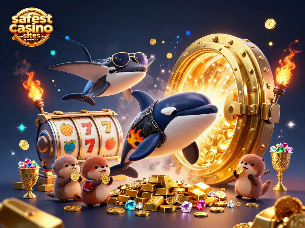 Engage with the safest casino sites in Australia in this vibrant 3D illustration featuring a whale and otters among golden treasures.