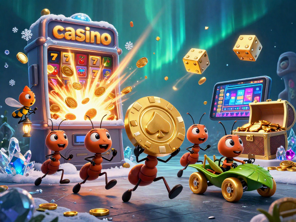 Experience a thrilling casino adventure with cartoon ants and vibrant gaming elements.