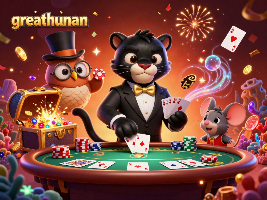 Experience the thrill of greathunan with a casino scene featuring dynamic gambling characters and vibrant poker elements.