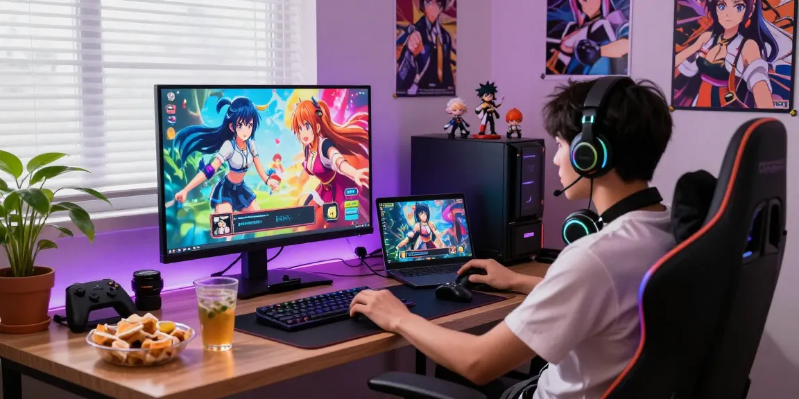 Immersive scene of a gamer enjoying hentai games in a cozy gaming setup.