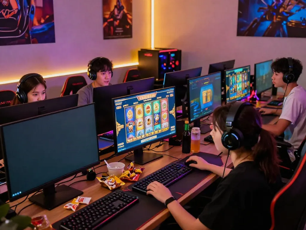 Enthusiastic players enjoying SLOT GACOR games in a colorful gaming setup, featuring engaging visuals and cozy atmosphere.