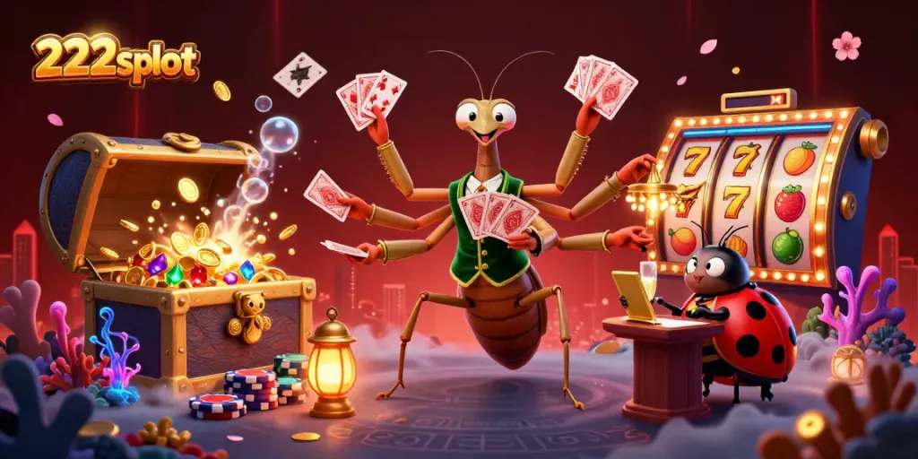 Permainan seru di 222slot menampilkan karakter yang menghibur dalam suasana kasino dengan gulungan slot dan koin emas