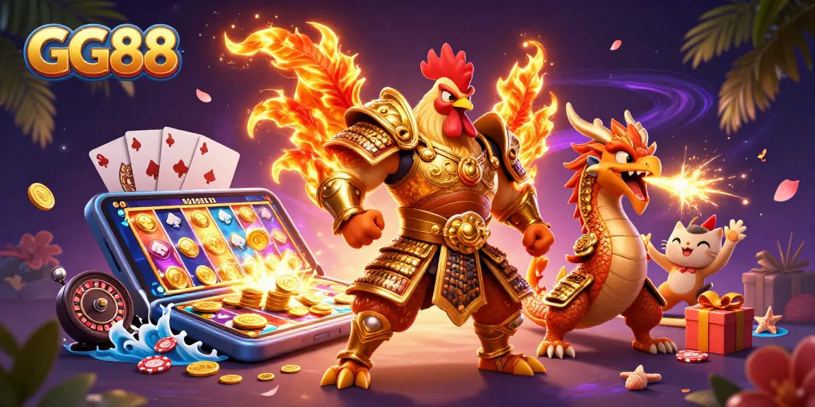 Engage in thrilling casino excitement with GG88's vibrant 3D illustration featuring heroic game characters.