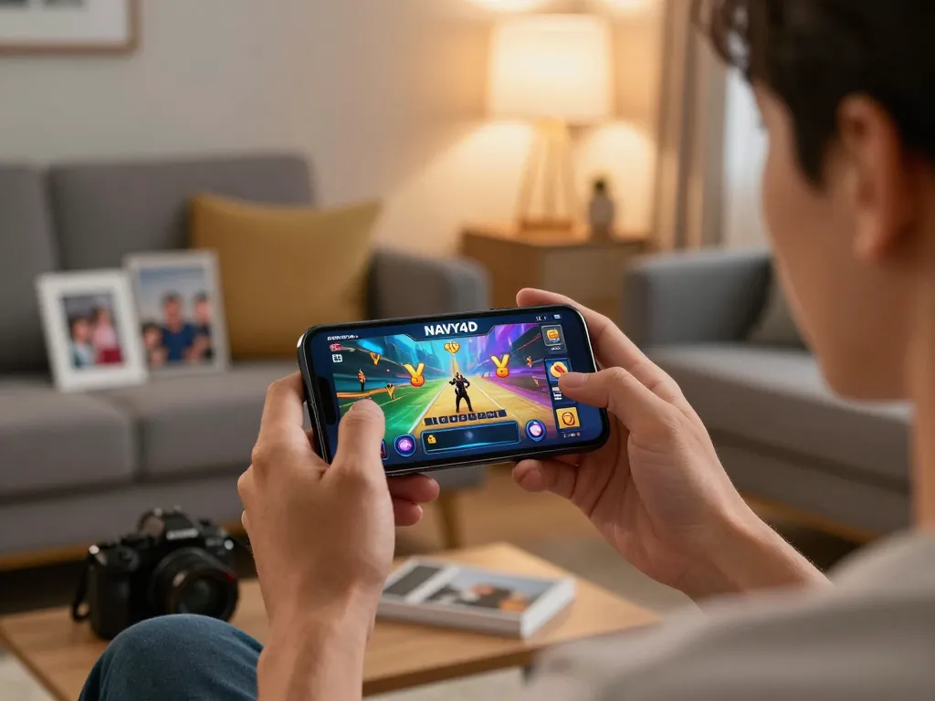 Aplikasi NAVY4D pengalaman bermain game seluler yang menarik dalam pengaturan ruang tamu yang nyaman.