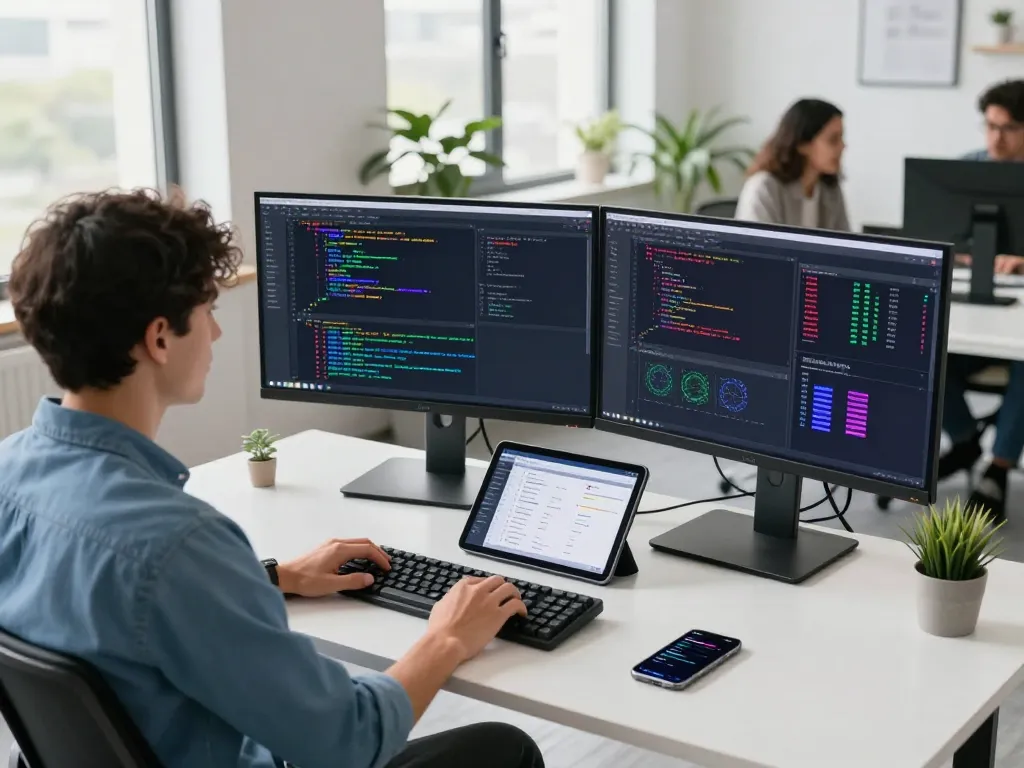 Developer utilizing juicy ai in a modern tech workspace with vibrant coding environment and collaborative atmosphere.