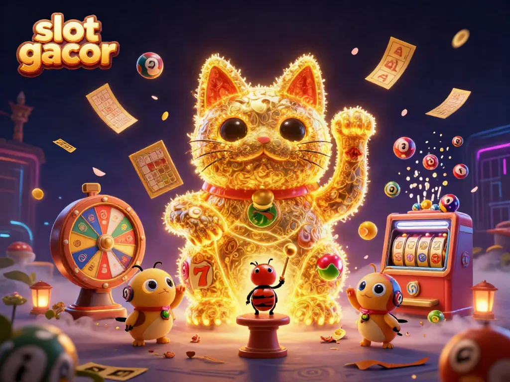 Slot gacor menampilkan kucing keberuntungan yang mengubah simbol kasino dengan efisiensi dan keindahan dalam suasana ceria.