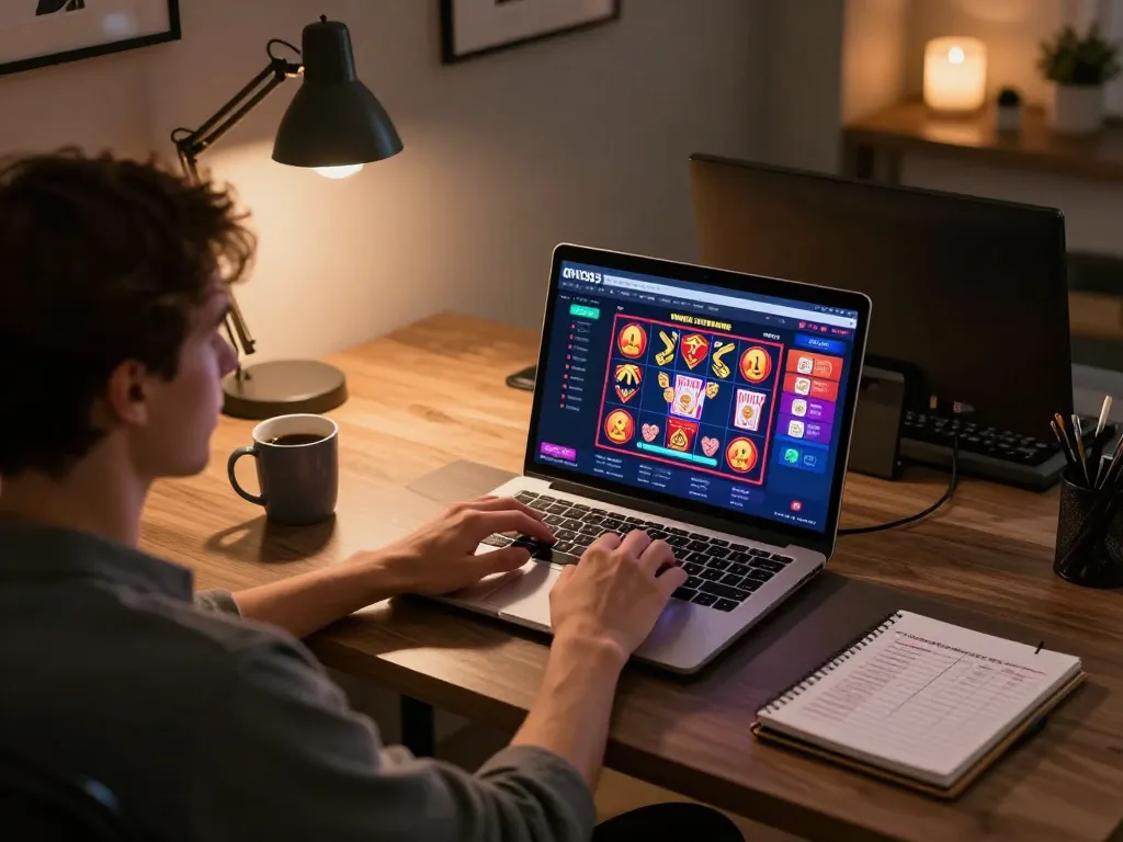 Menggunakan permainan kasino OVO303 di laptop dalam suasana rumah yang nyaman, menekankan perjudian online yang strategis.