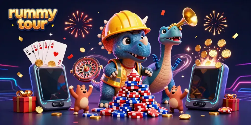 Rummy tour: Merayakan kemenangan dengan karakter kartun dalam ilustrasi 3D yang menarik
